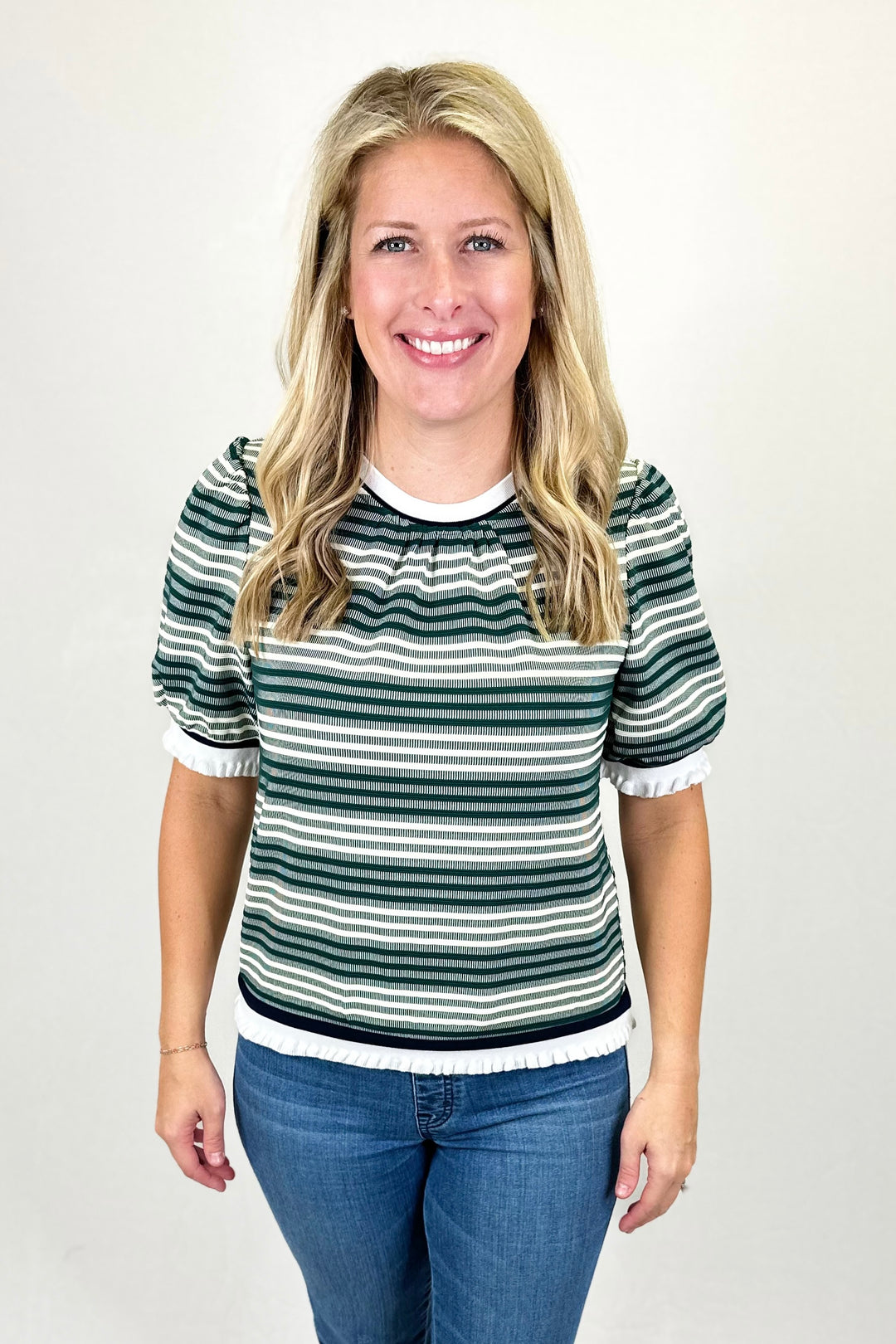 DARK GREEN & CREAM STRIPE TOP