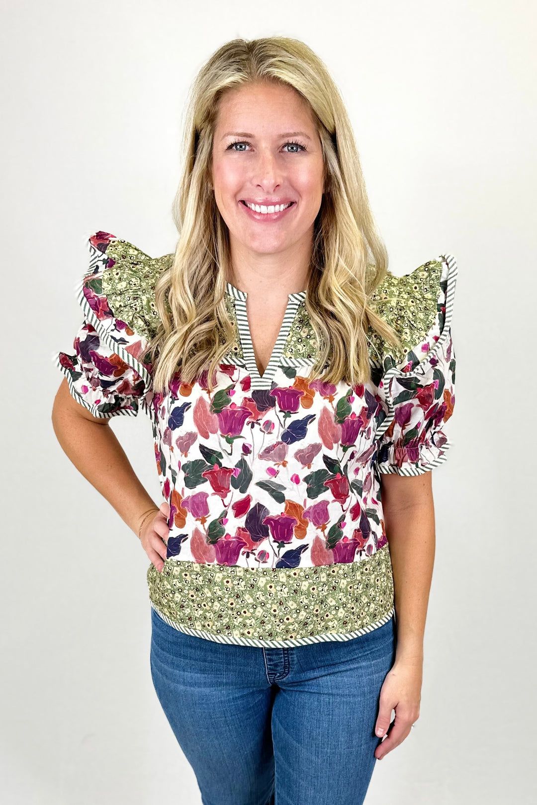 PLUM & GREEN MULTI PRINT CONTRAST TOP