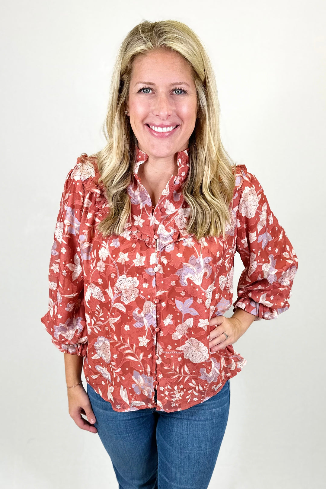 RUST FLORAL CHIFFON RUFFLE YOKE TOP