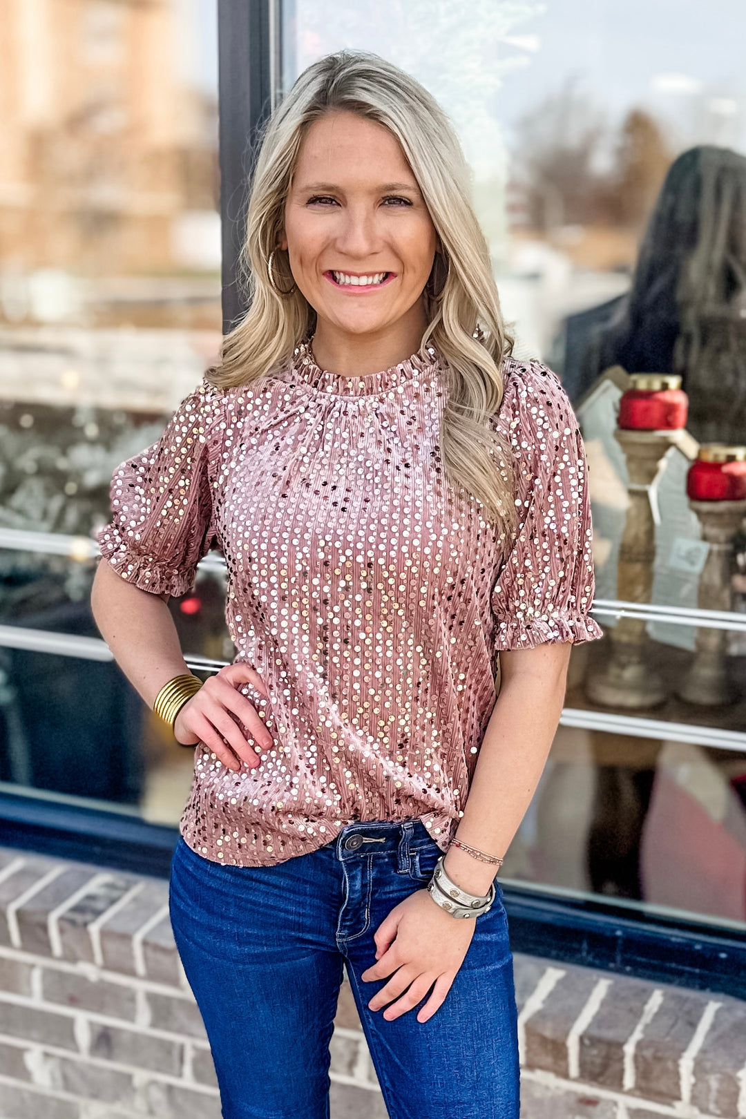 BLUSH SEQUIN PUFF SLEEVE TOP