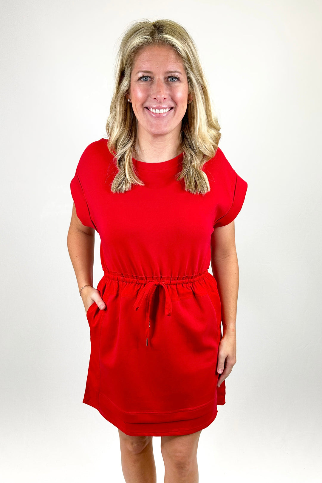 RED DRAWSTRING WAIST DRESS