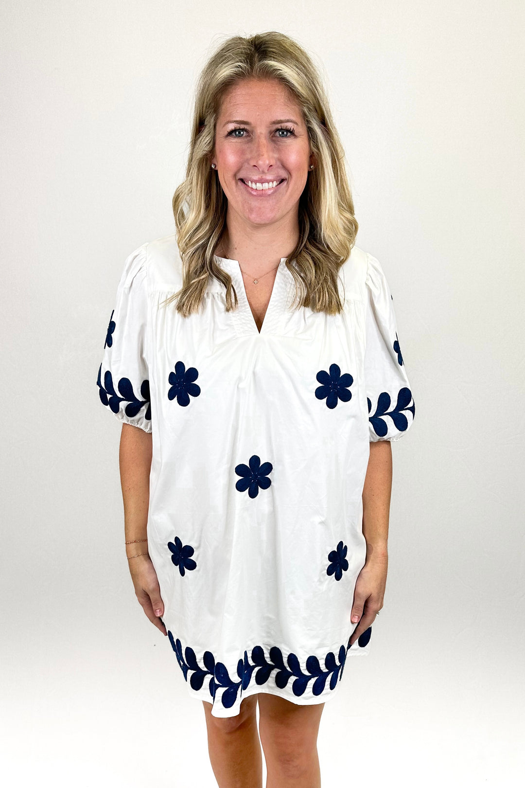 WHITE & NAVY FLOWER EMBROIDERED DRESS