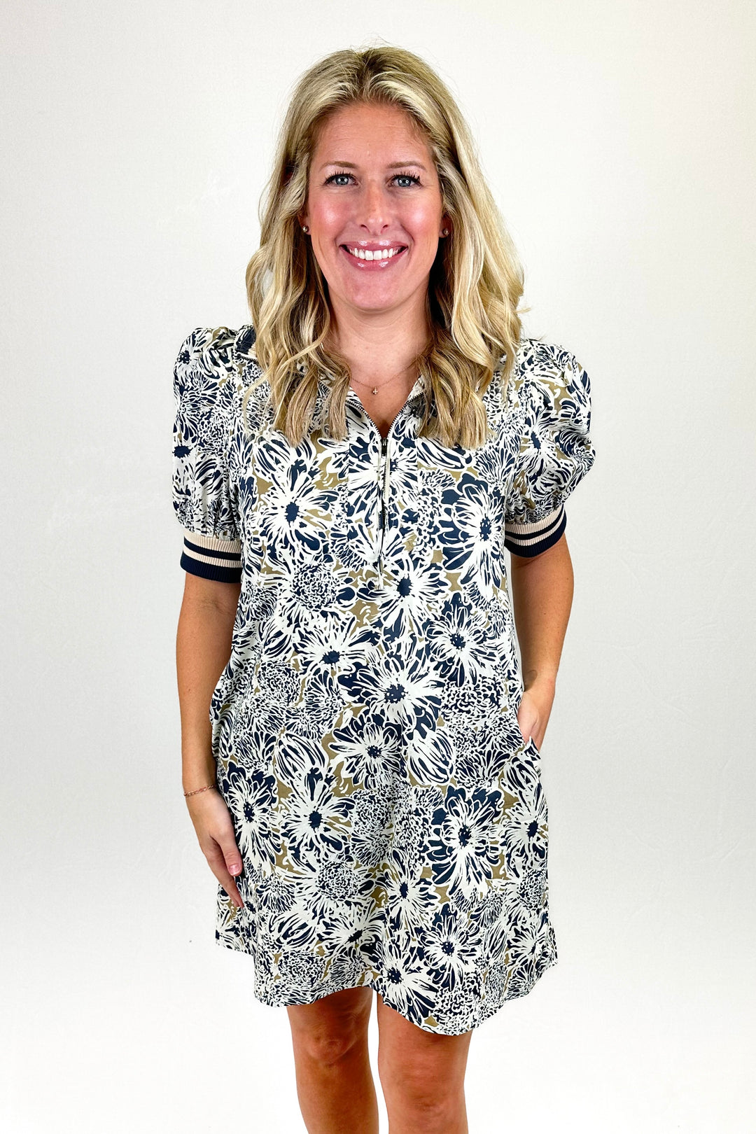 NAVY & CREAM FLORAL STRIPE DETAIL ZIP DRESS