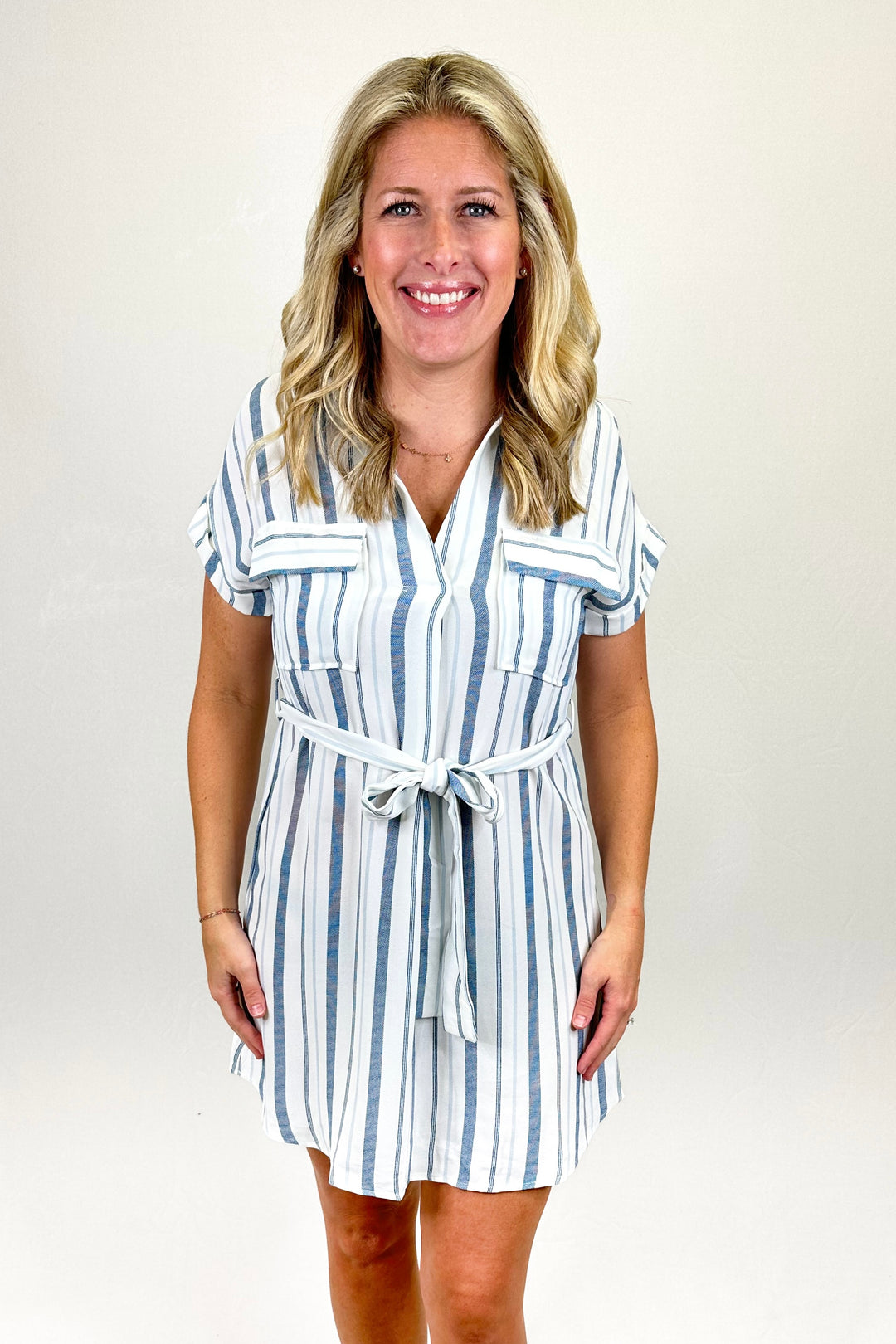 BLUE STRIPE COLLAR BELTED DRESS