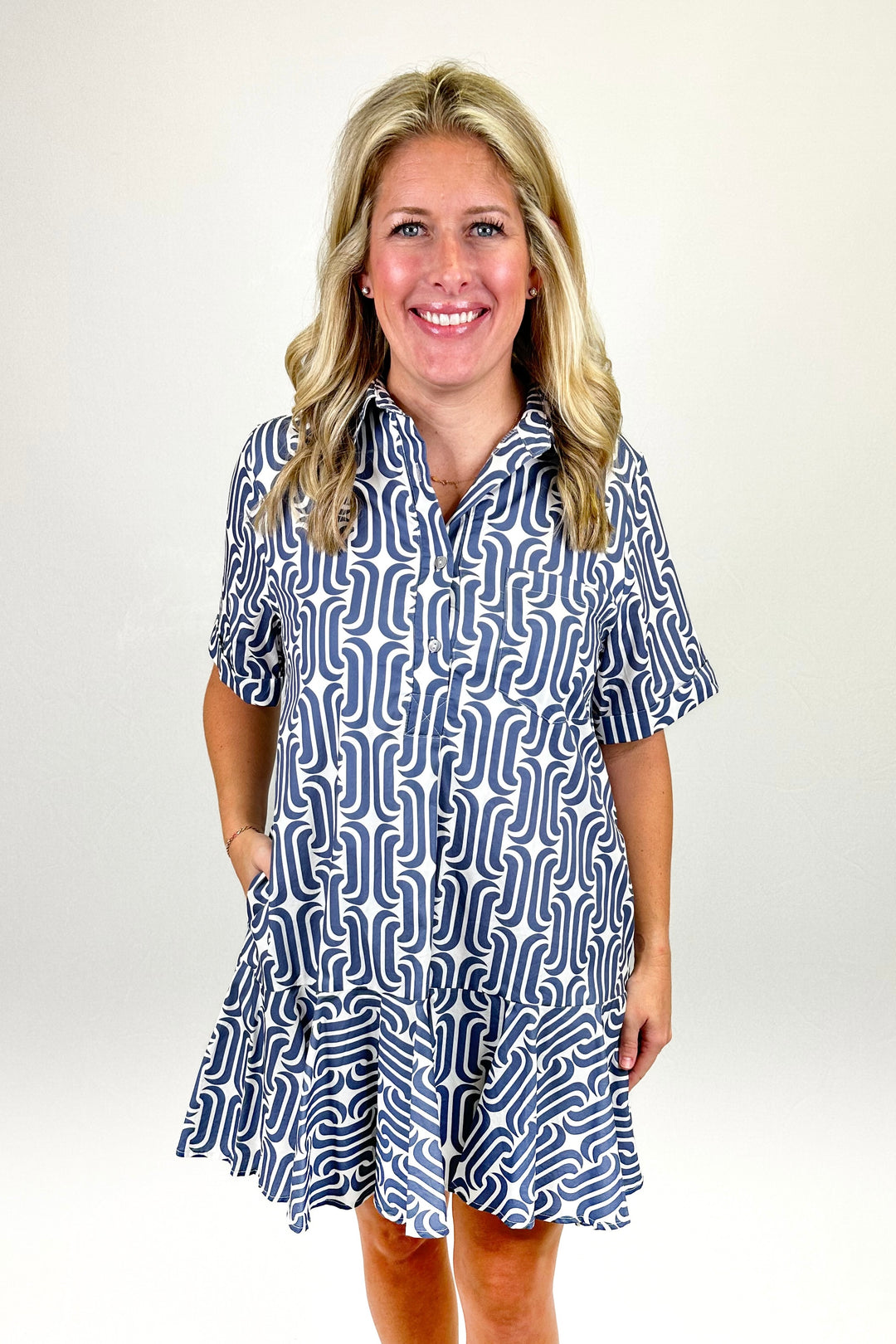 BLUE PATTERN BUTTON FRONT DRESS