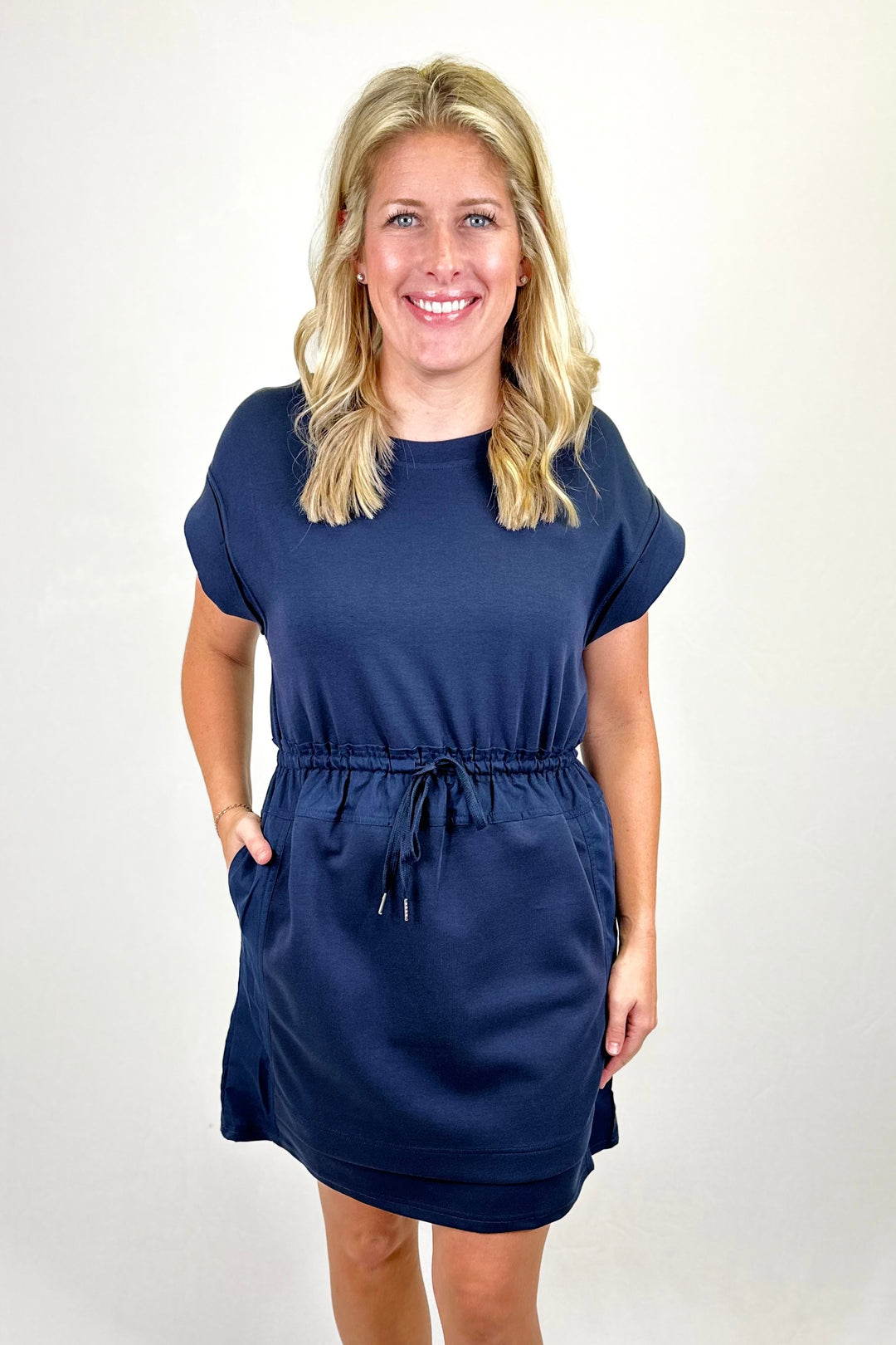NAVY DRAWSTRING WAIST DRESS