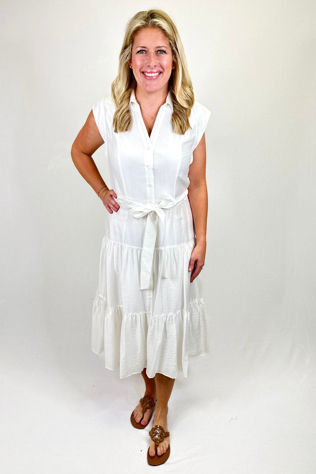 WHITE BUTTON FRONT COLLAR BELTED MIDI DRESS