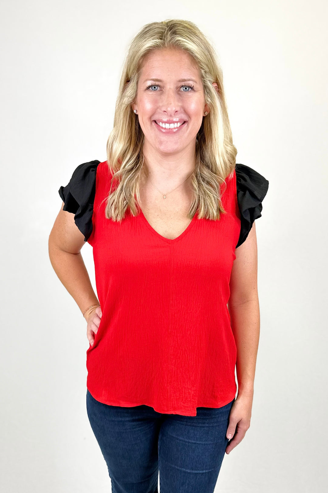 RED & BLACK RUFFLE SHOULDER VNECK TOP