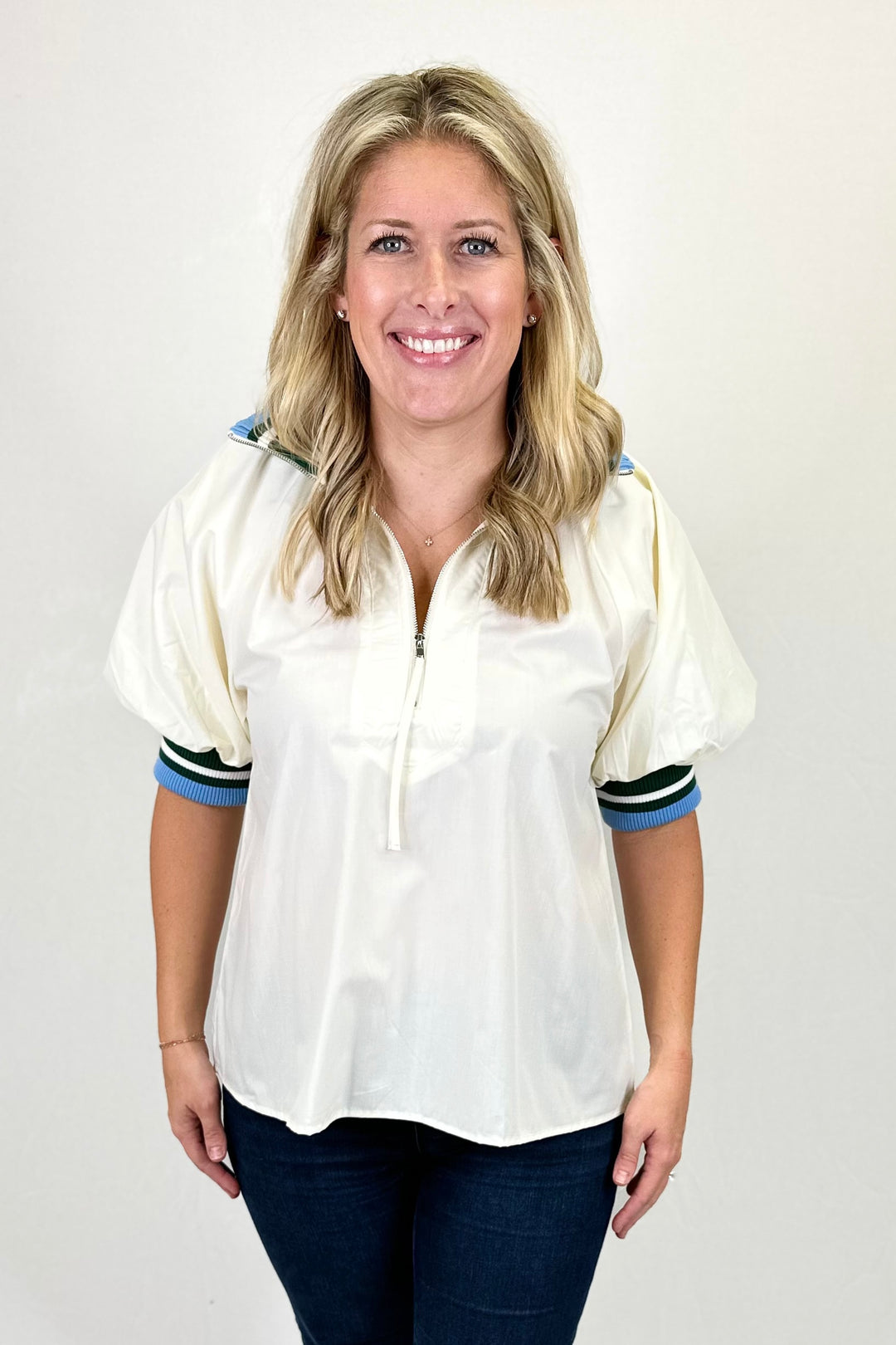 CREAM & BLUE GREEN STRIPE TRIM ZIP TOP