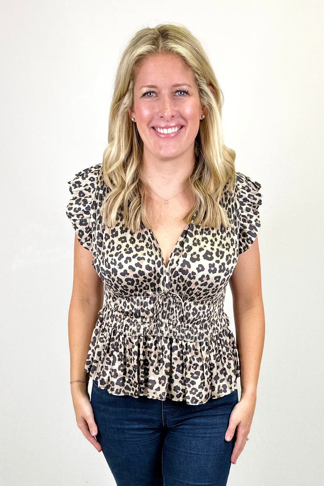 LEOPARD MICRO PLEATED PEPLUM TOP