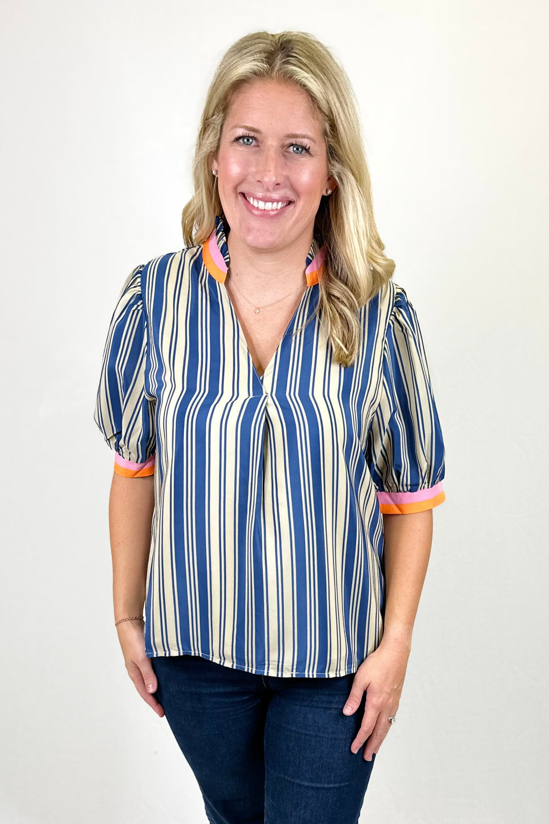 BLUE STRIPE & PINK ORANGE TRIM TOP