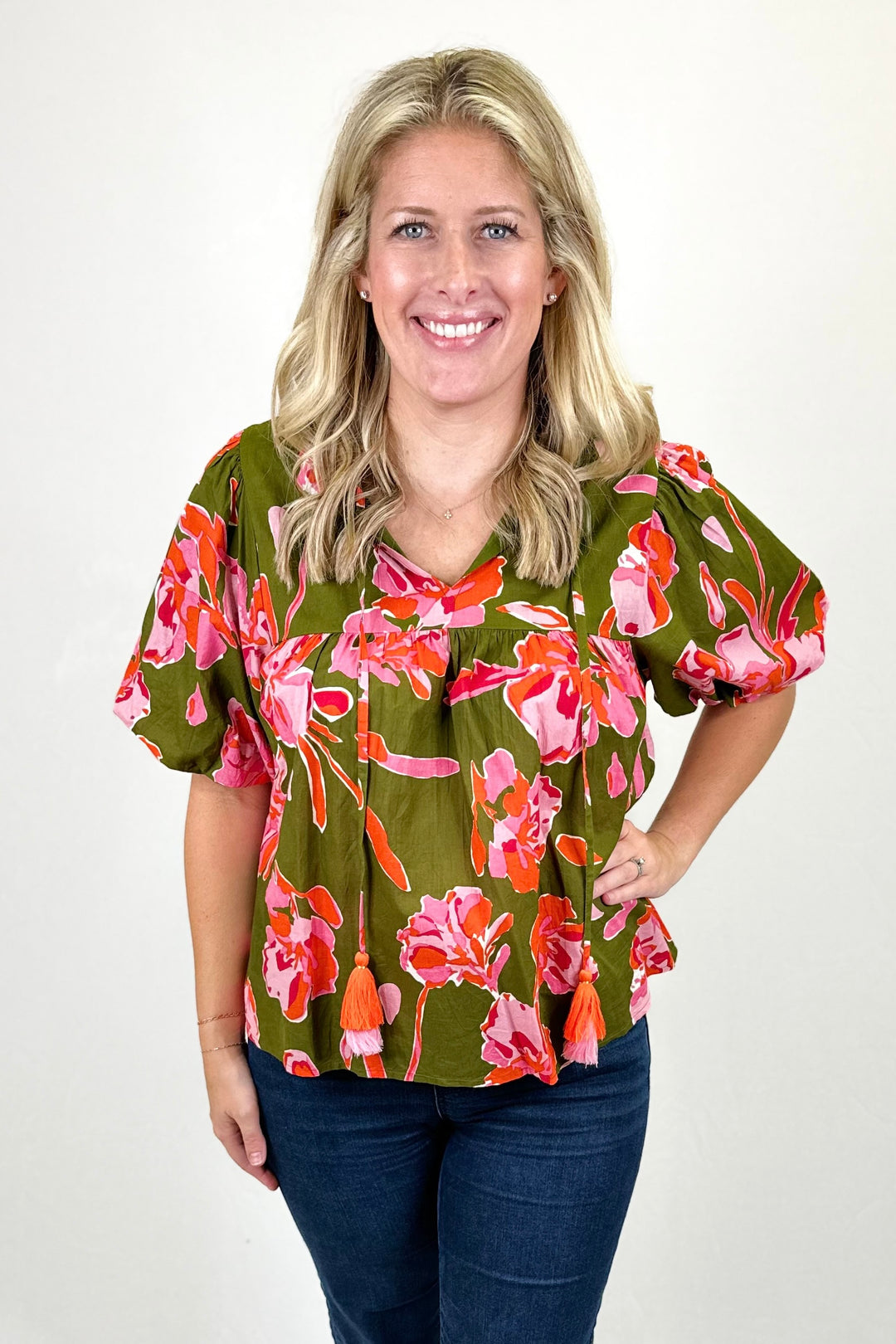 OLIVE & CORAL FLORAL TIE NECK TOP