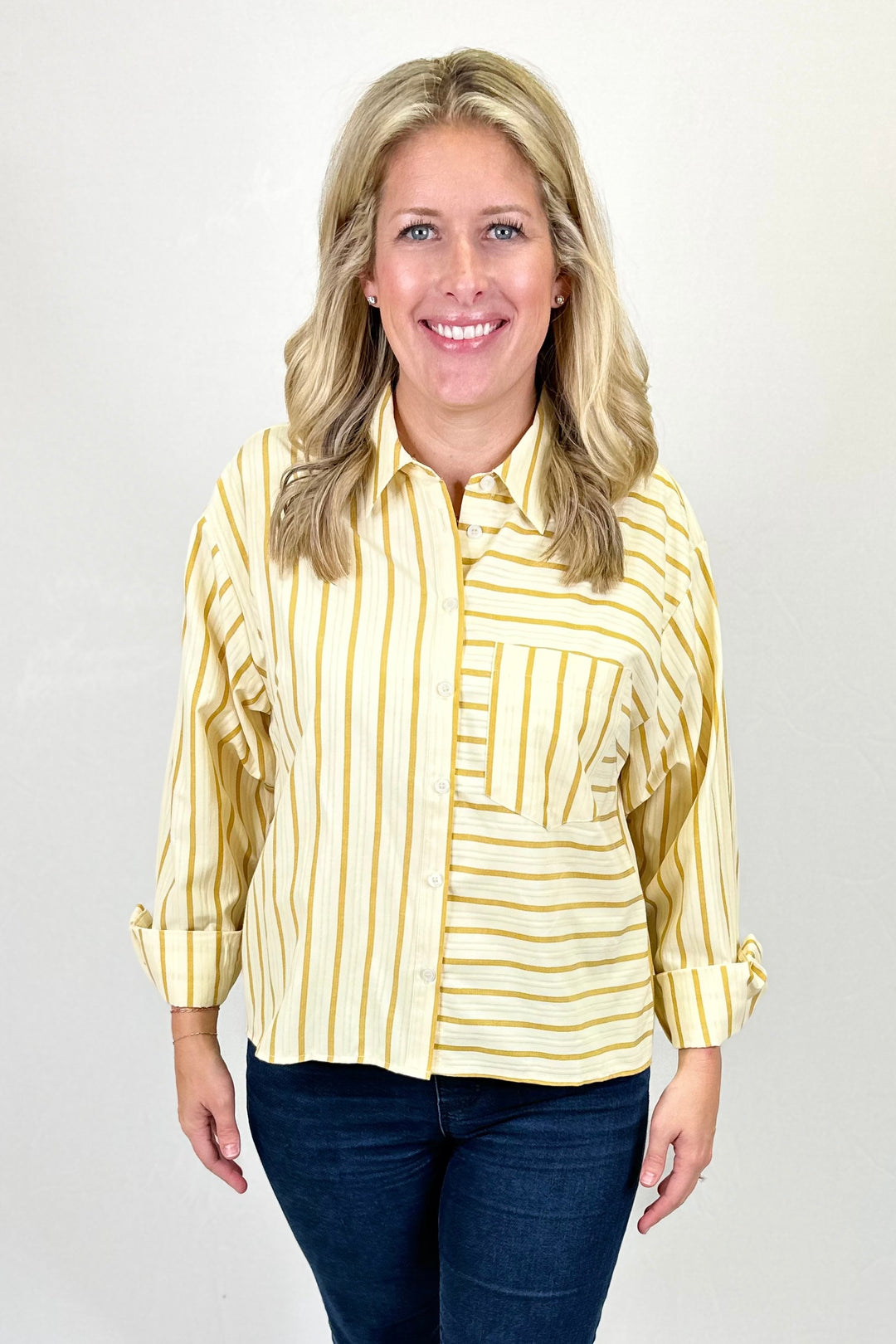MUSTARD MIX STRIPE BUTTON TOP