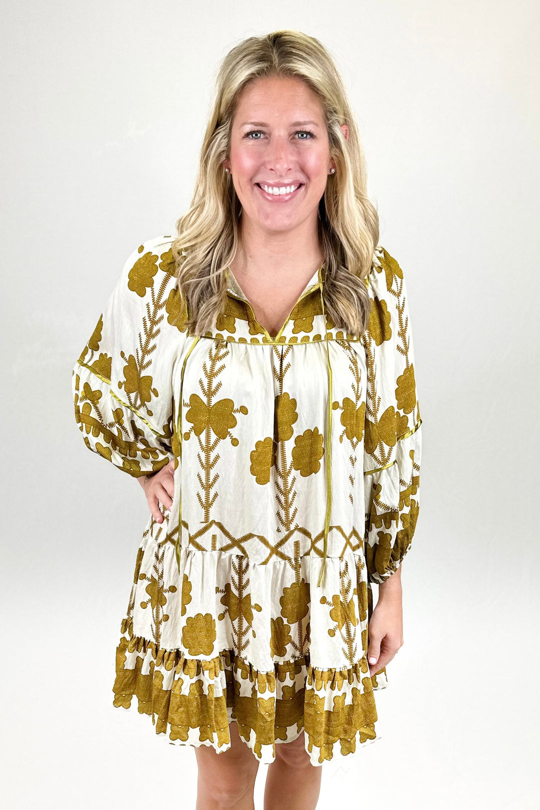 MUSTARD & CREAM LONG SLEEVE TIE NECK DRESS