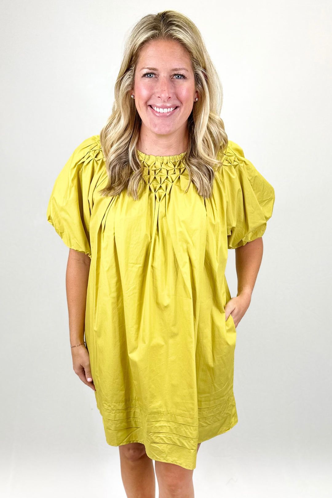 CHARTREUSE SMOCK NECKLINE DRESS