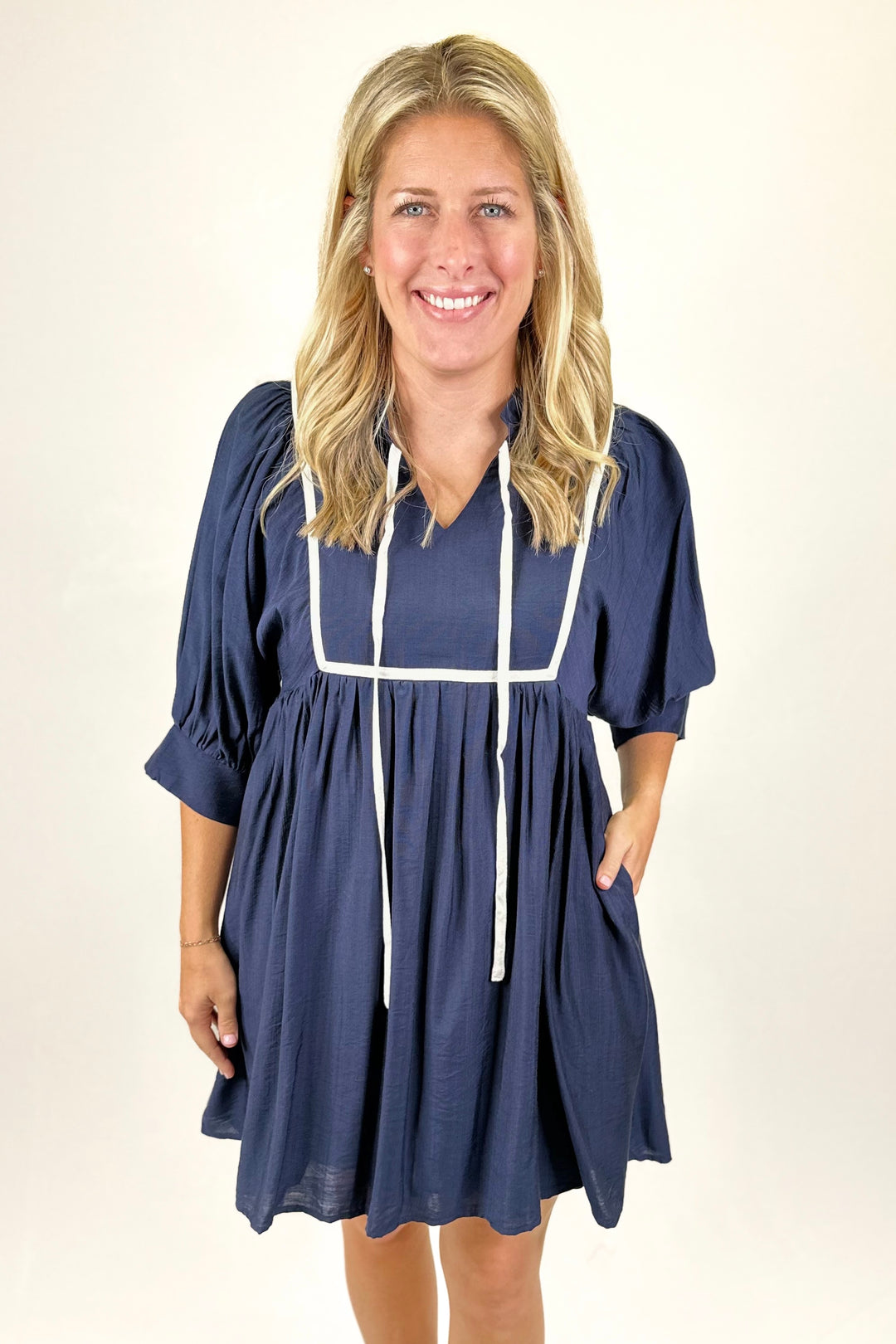 NAVY & WHITE TRIM 3/4 SLEEVE DRESS