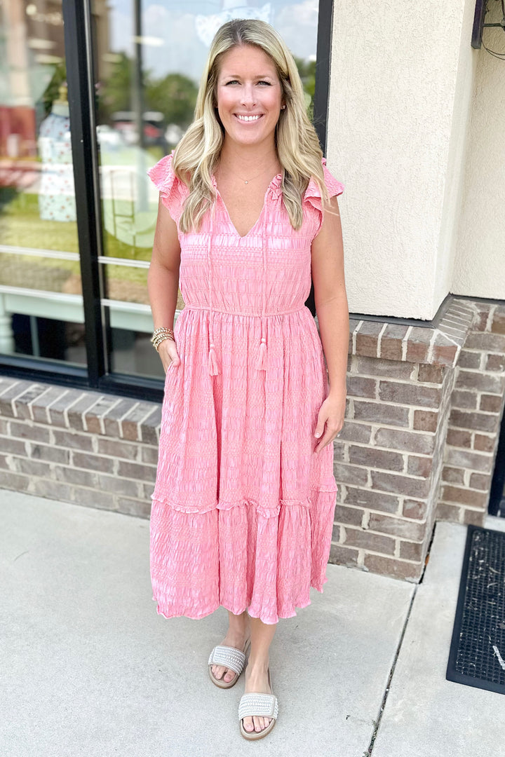 PINK TEXTURED RUFFLE SHOULDER ELASTIC WAIST MIDI DRESS