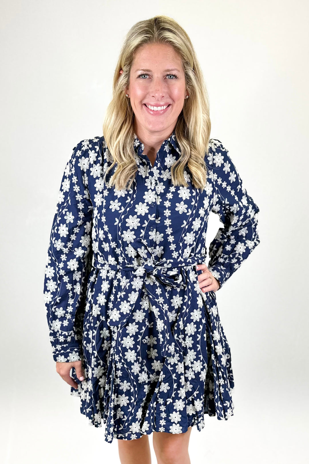 NAVY LACE LONG SLEEVE BELTED DRESS