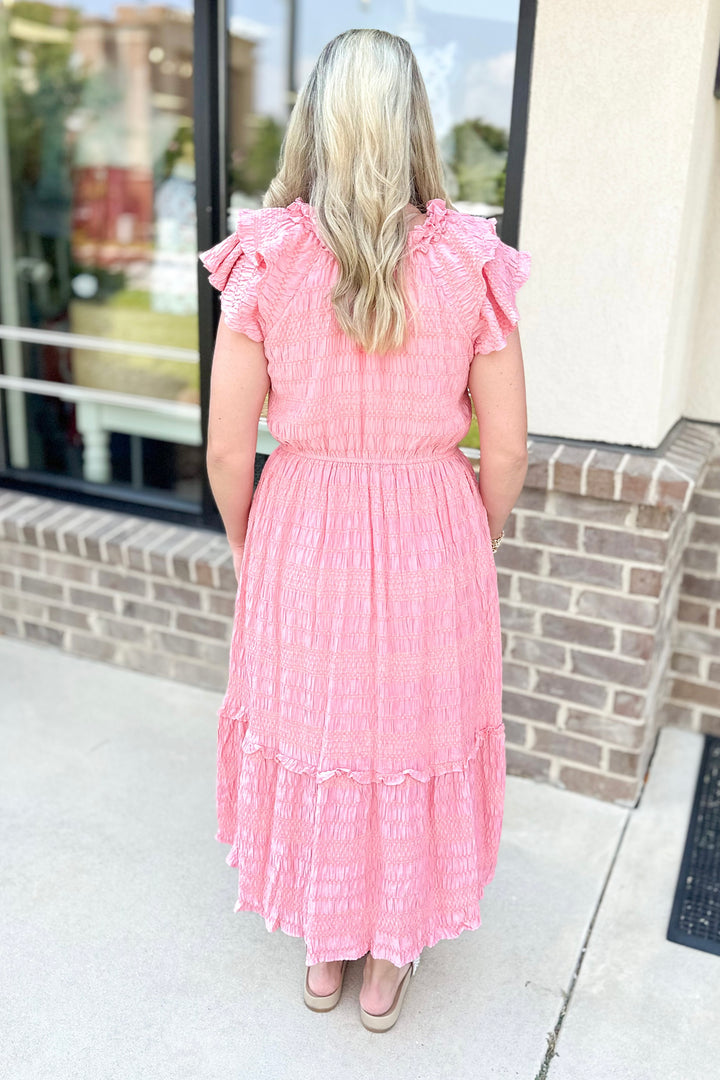 PINK TEXTURED RUFFLE SHOULDER ELASTIC WAIST MIDI DRESS