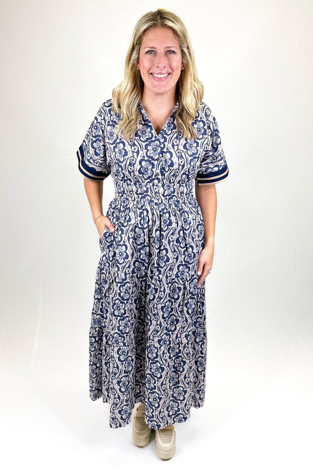 NAVY & TAN FLORAL STRIPE COLLAR MIDI DRESS