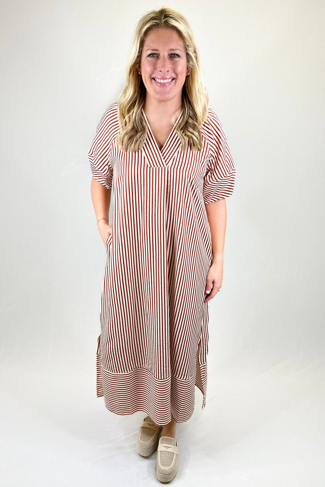 RUST STRIPE VNECK SIDE SLIT MAXI DRESS