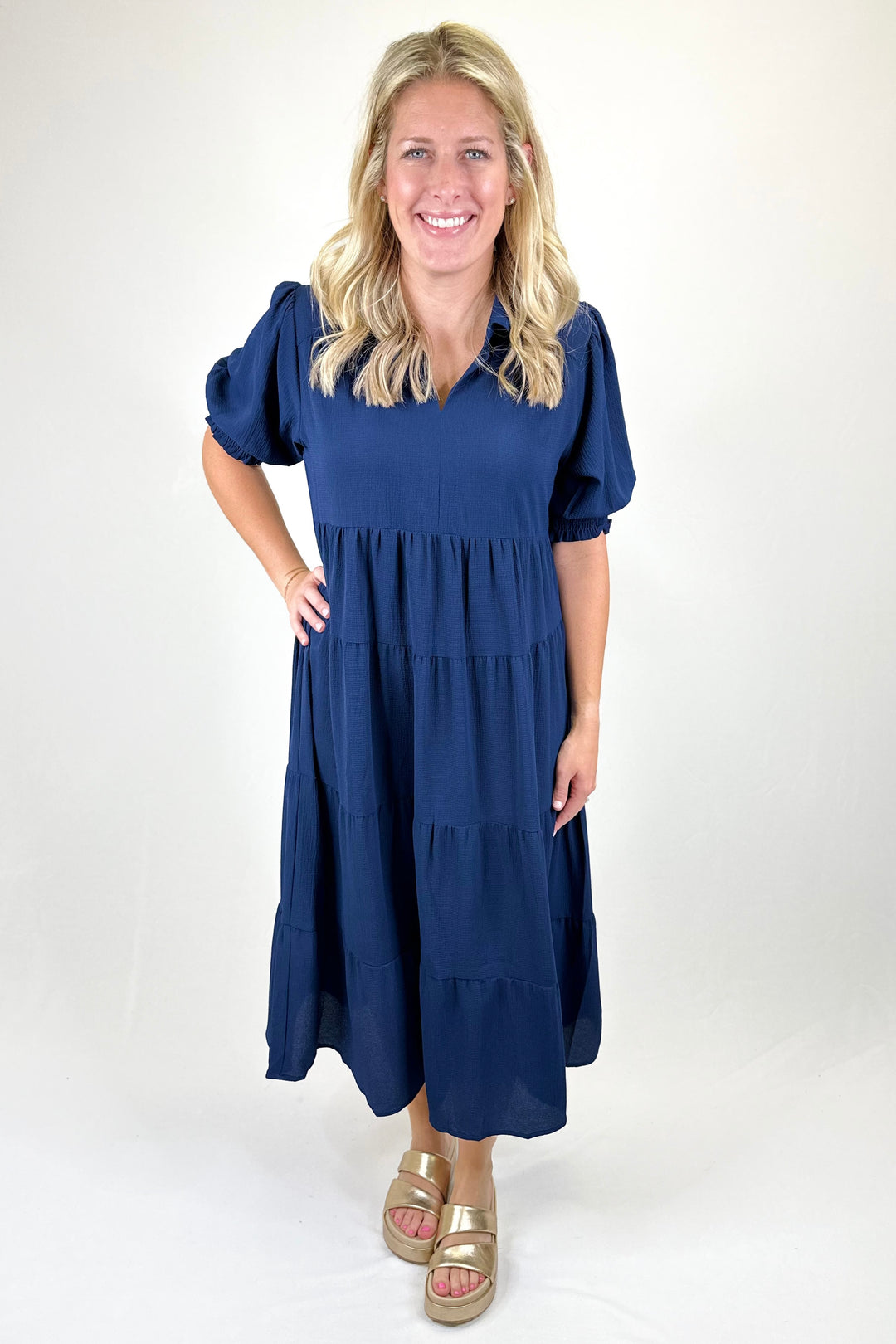 NAVY TIERED COLLAR MAXI DRESS