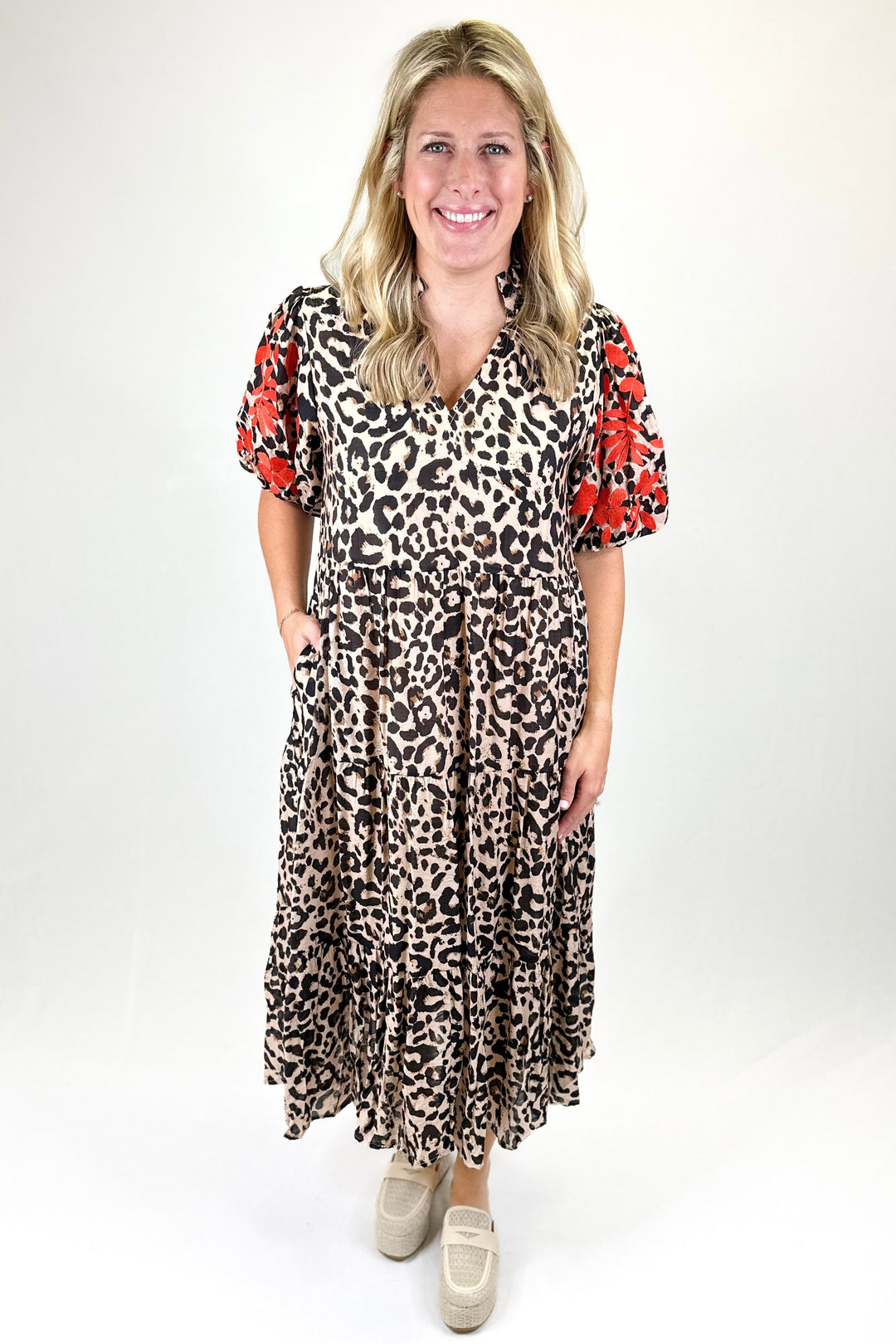LEOPARD & RED FLORAL EMBROIDERED SLEEVE DRESS