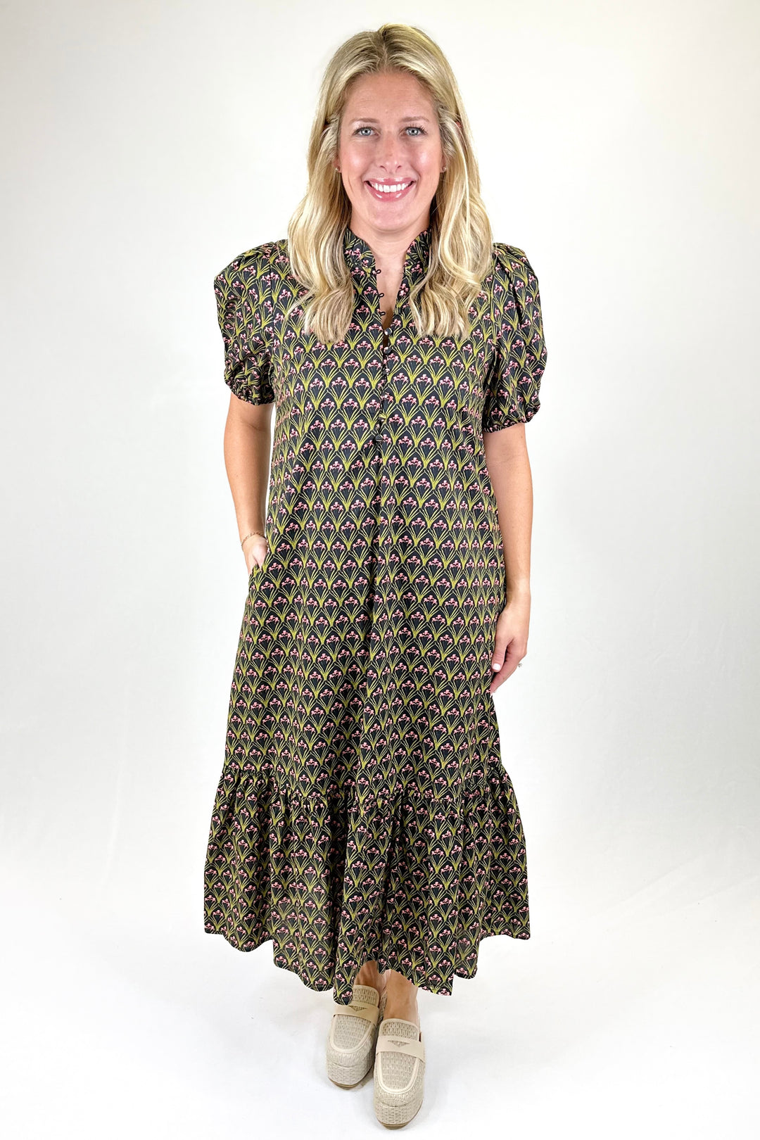 BLACK BOTANICAL PATTERN MIDI DRESS