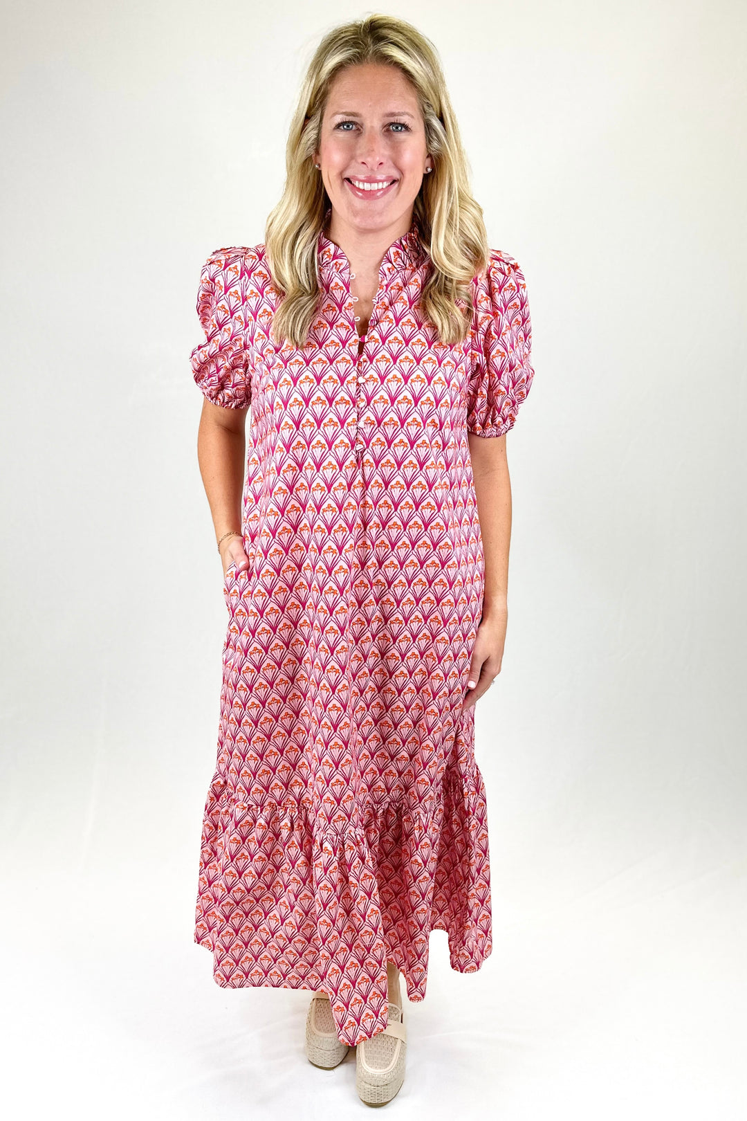 PINK BOTANICAL PATTERN MIDI DRESS