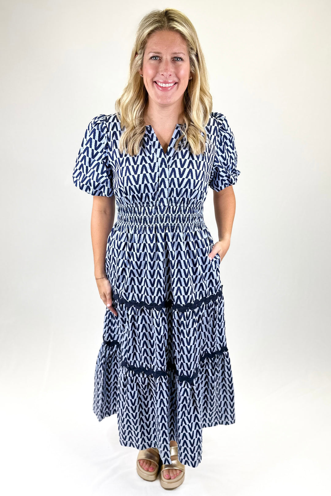 NAVY & BLUE GEO PATTERN MIDI DRESS