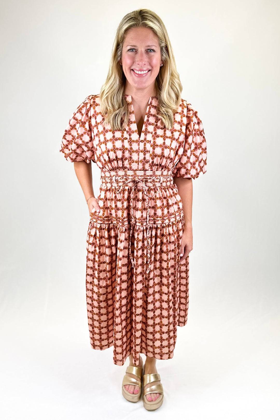 MULTI PLAID PUFF SLEEVE MIDI DRESS