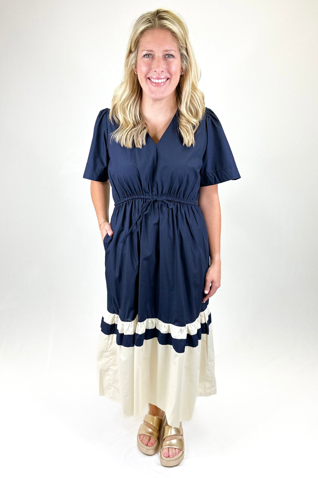 NAVY & CREAM BOTTOM STRIPE MIDI DRESS
