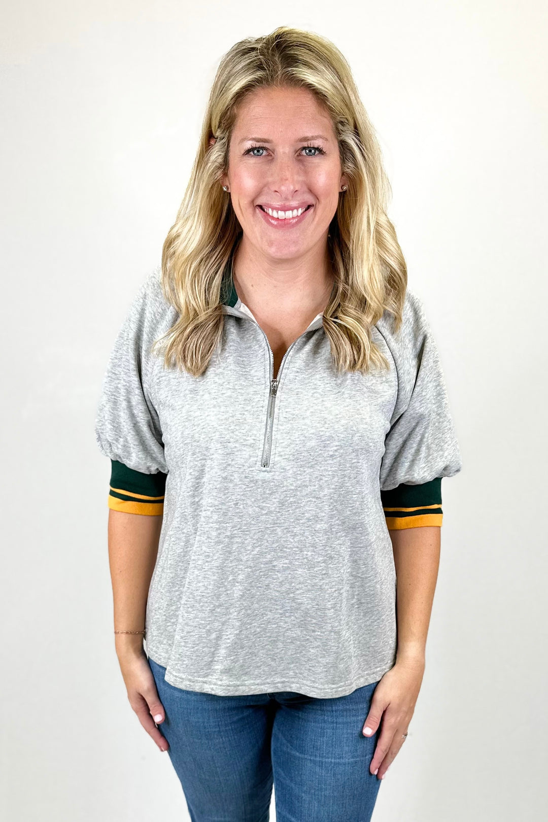 GREY & GREEN GOLD STRIPE TRIM ZIP TOP