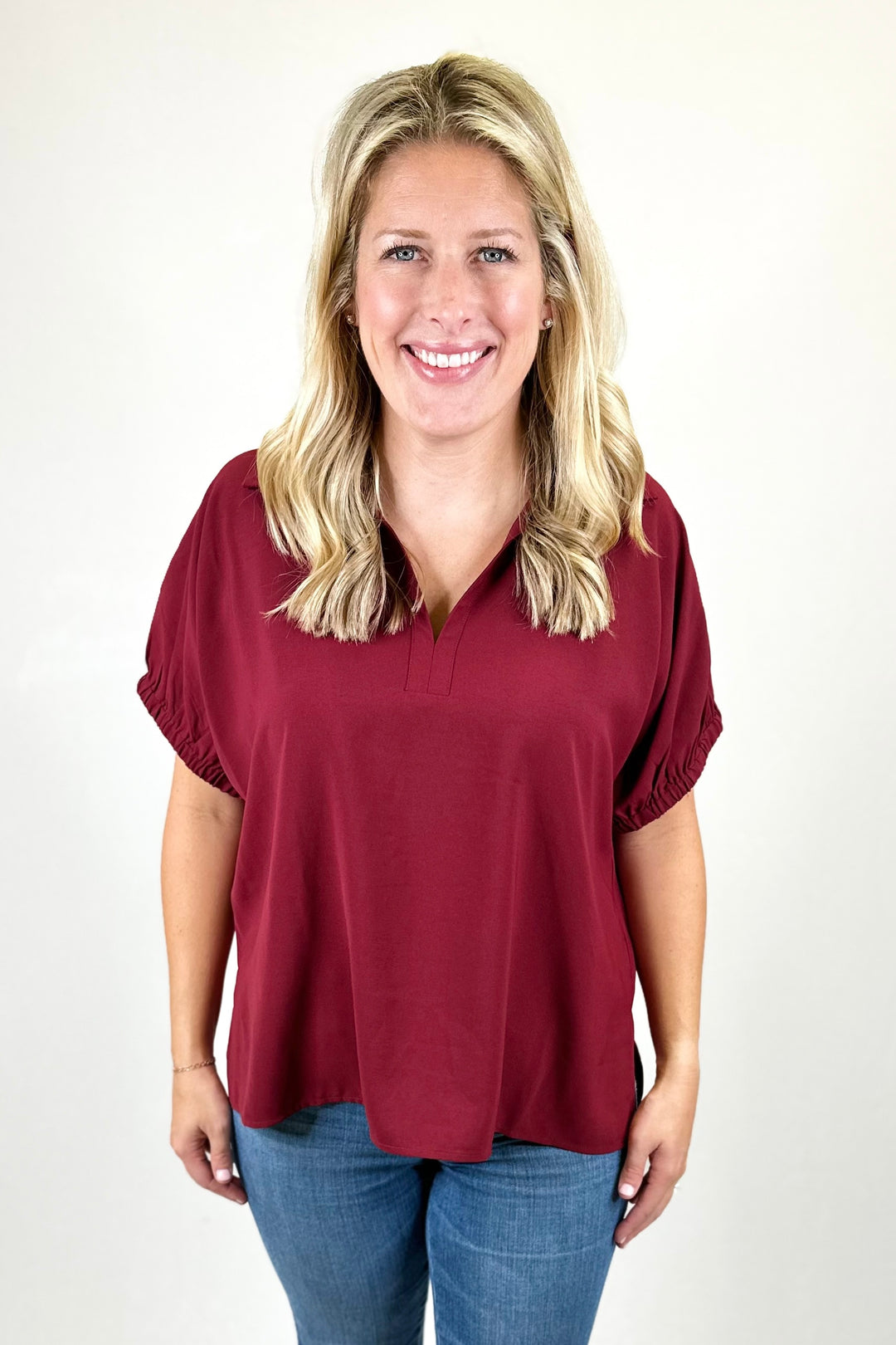 BURGUNDY VNECK COLLAR RELAXED TOP