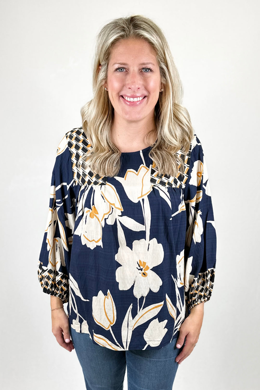 NAVY & MUSTARD FLORAL CONTRAST PRINT TOP