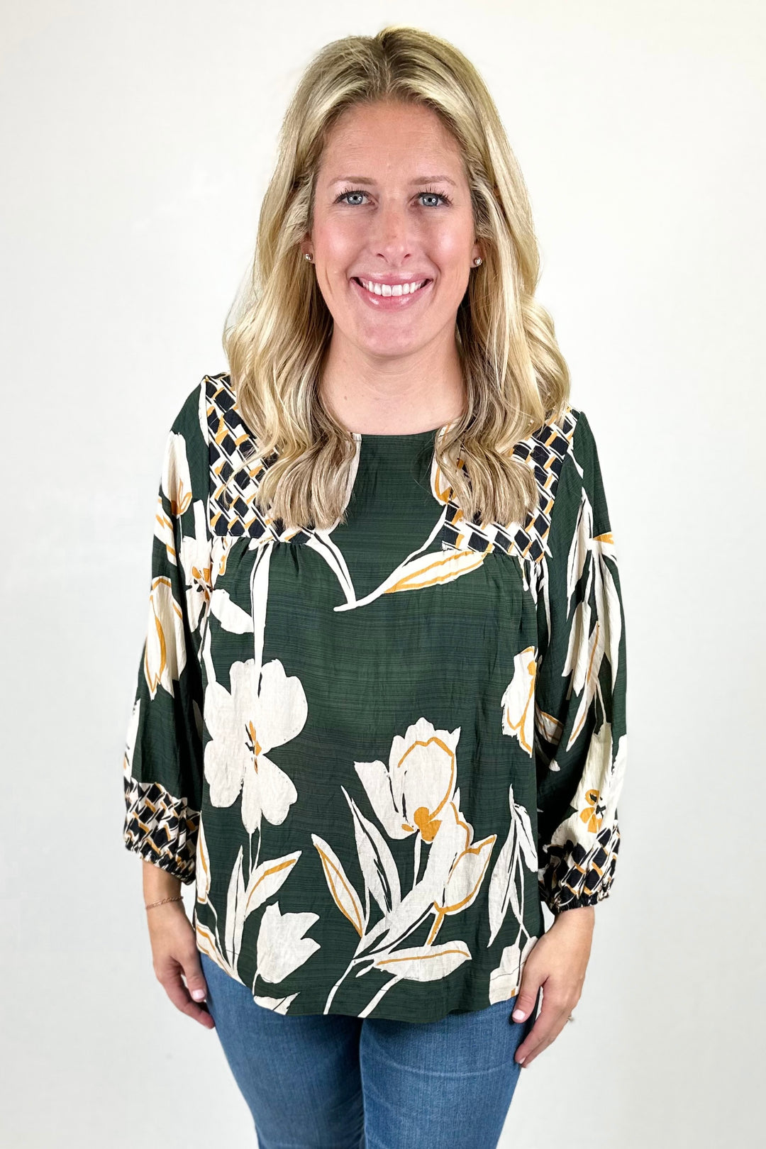 GREEN & MUSTARD FLORAL CONTRAST PRINT TOP