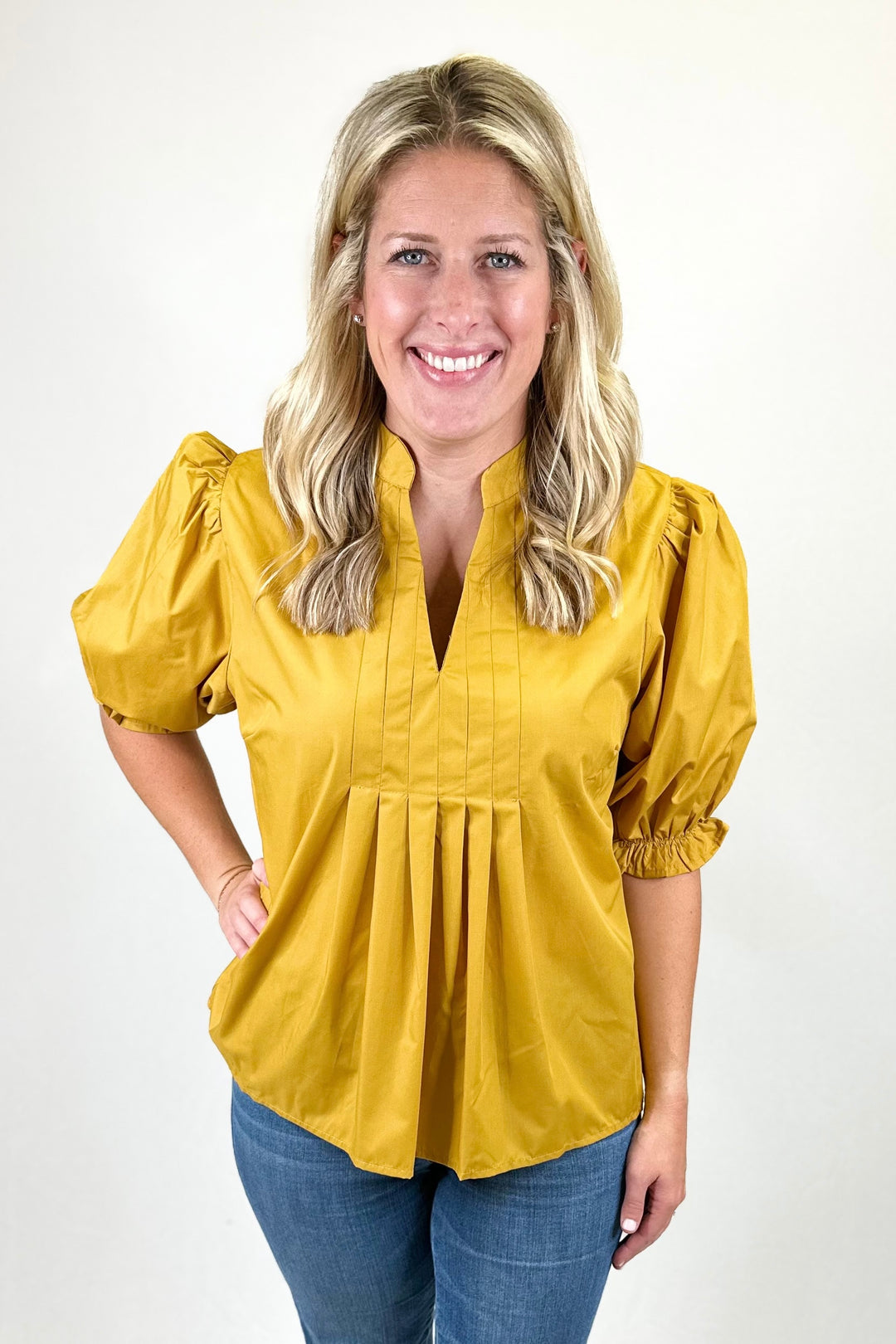 MUSTARD VNECK PUFF SLEEVE TOP