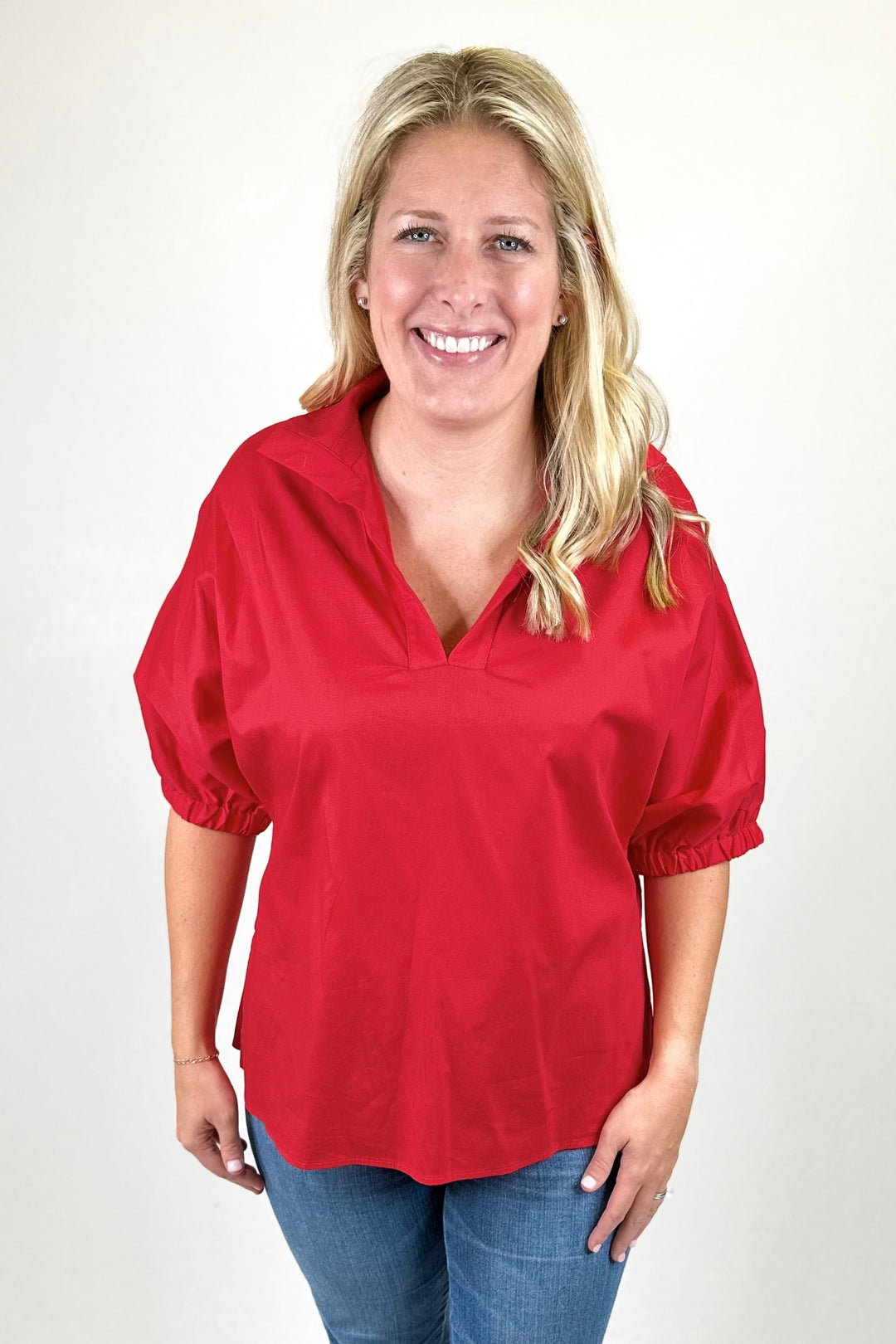 RED DROP SHOULDER COLLAR TOP