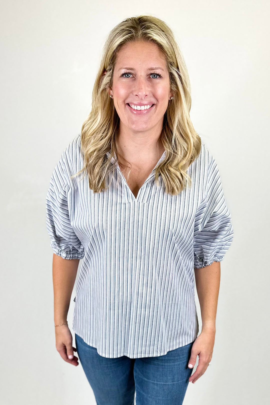 BLUE STRIPE DROP SHOULDER COLLAR TOP