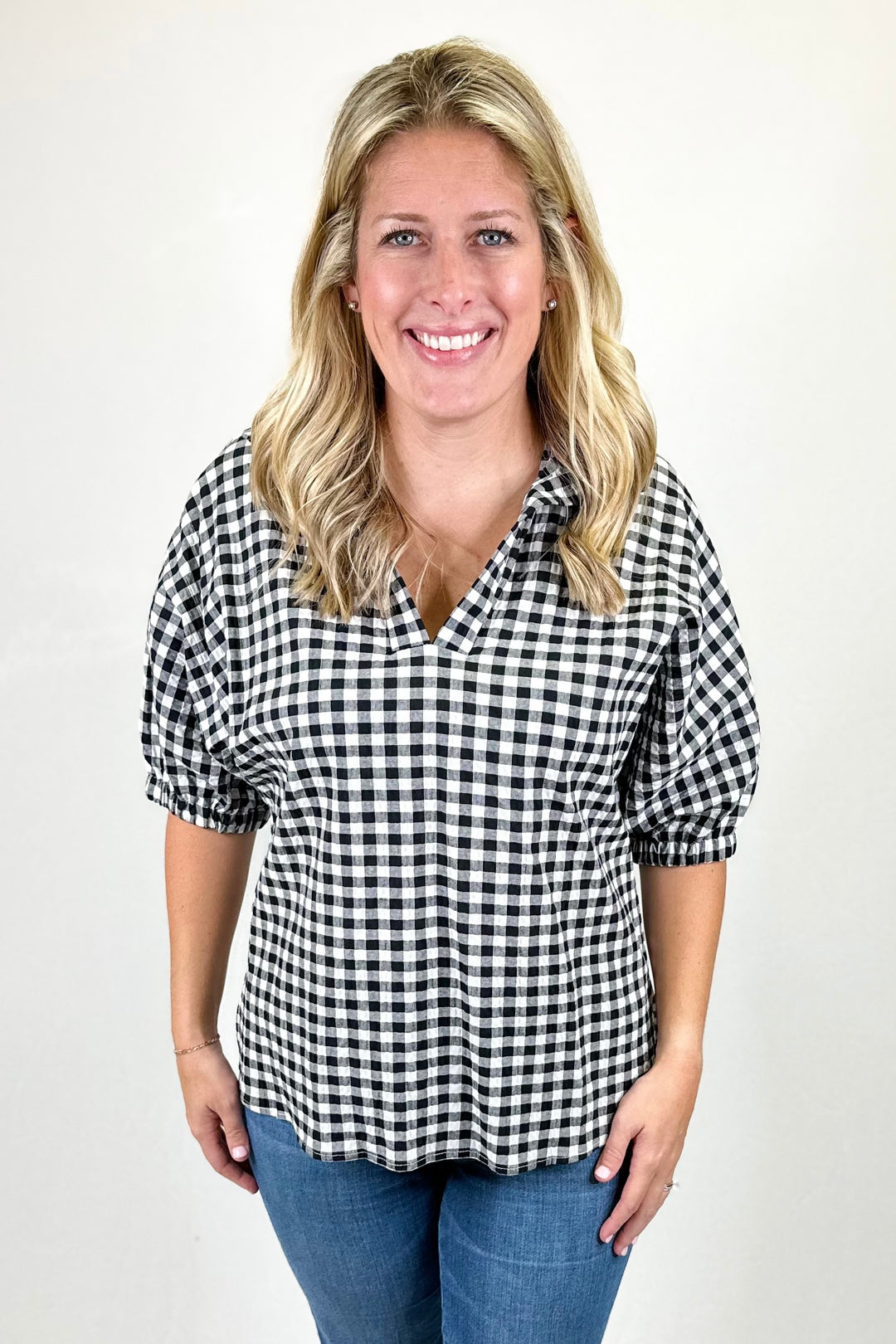 BLACK GINGHAM DROP SHOULDER COLLAR TOP