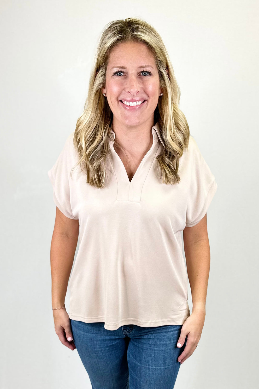 OATMEAL VNECK COLLAR ANGLED SLEEVE TOP