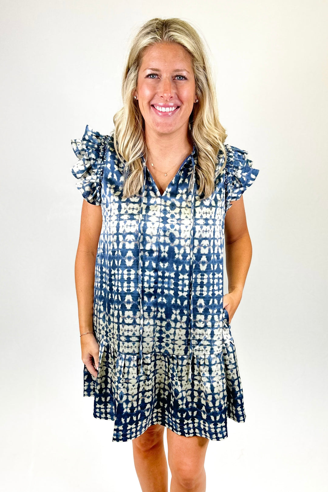 NAVY & CREAM WATERCOLOR TIE FRONT DRESS