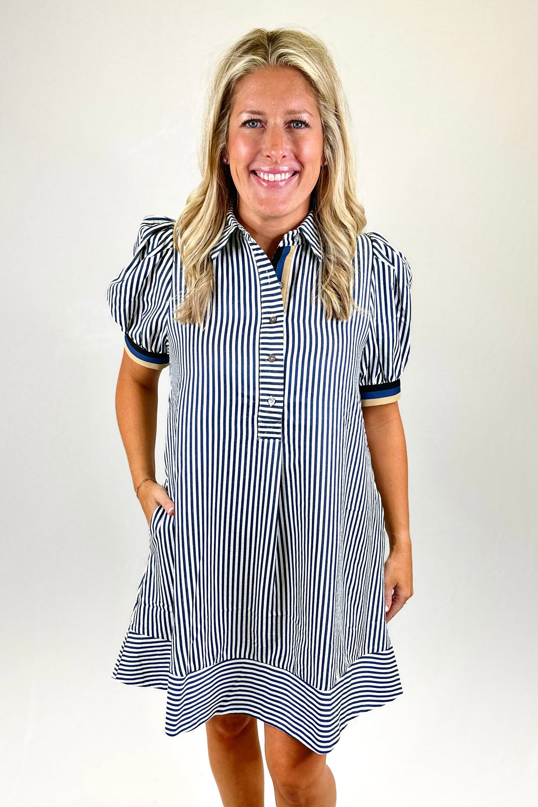 NAVY CONTRAST STRIPE COLLAR DRESS