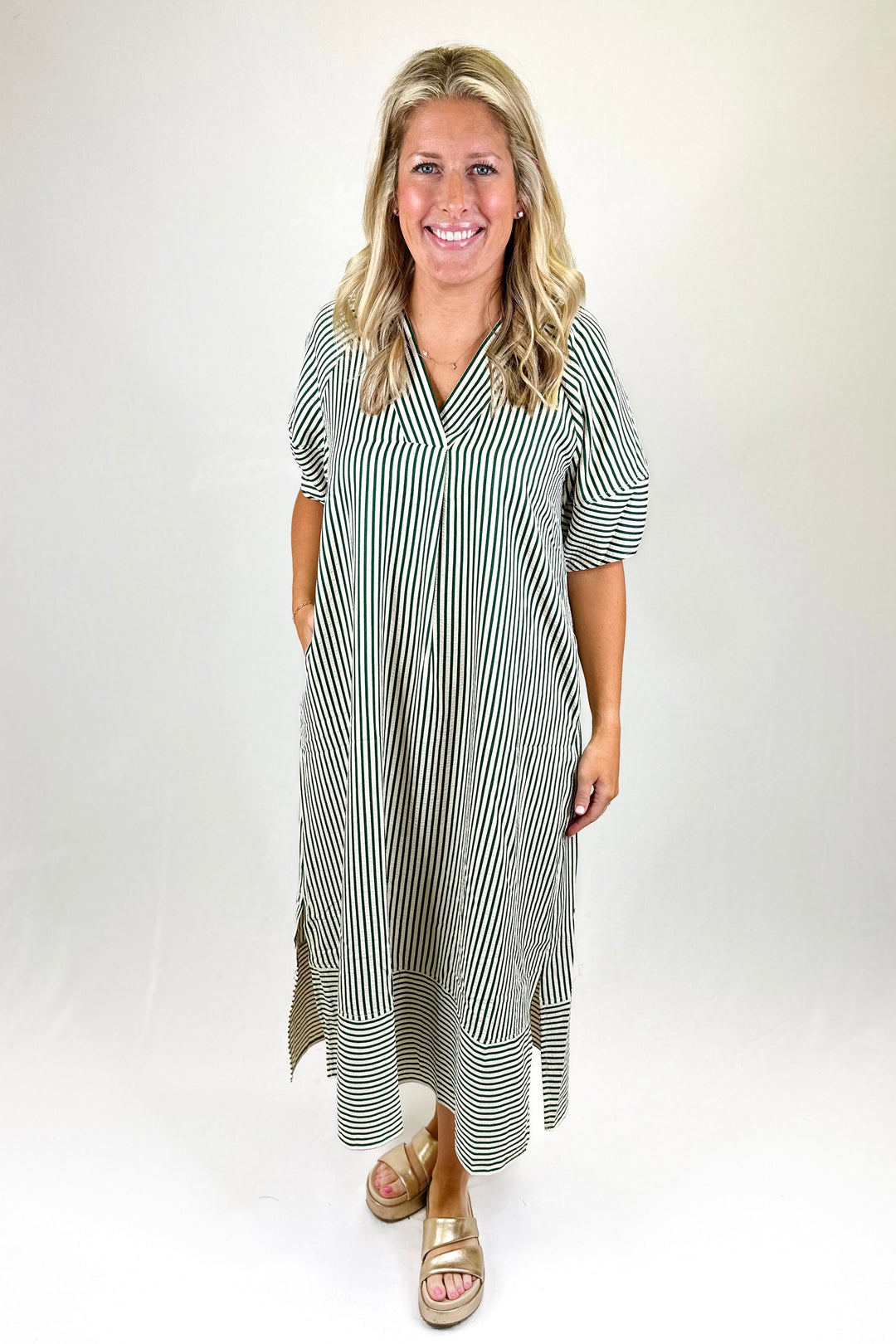 GREEN STRIPE VNECK SIDE SLIT MAXI DRESS