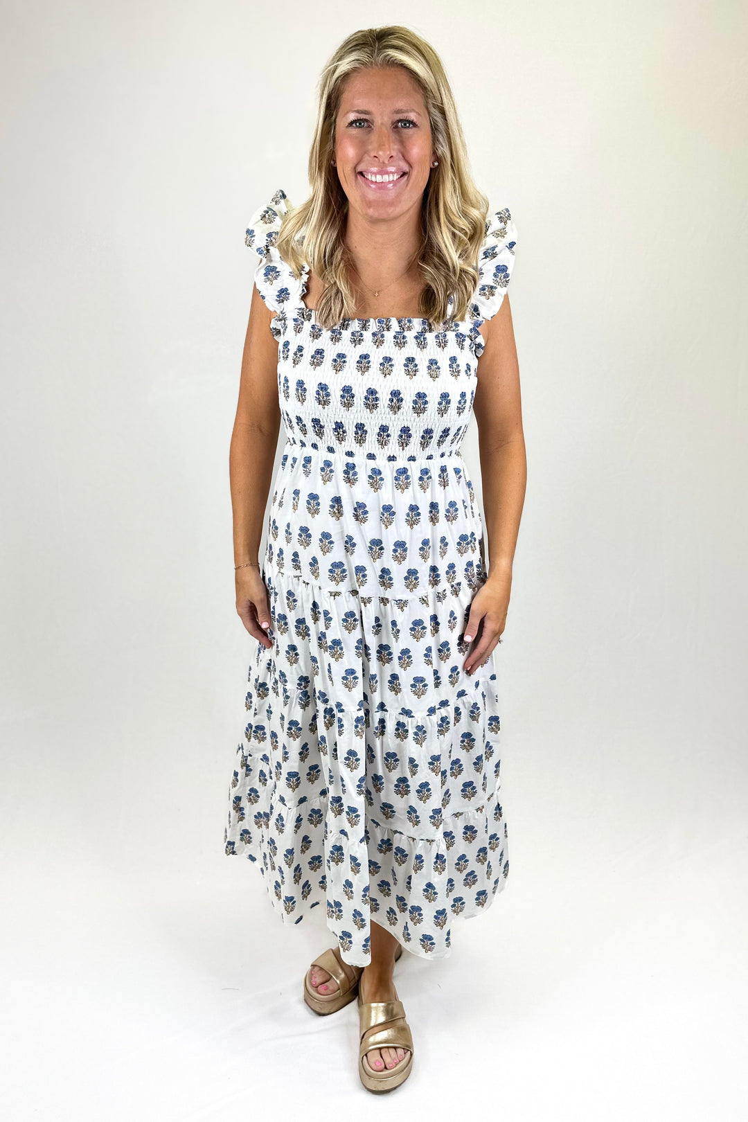 BLUE & WHITE BLOCK PRINT FLORAL SMOCKED MIDI DRESS
