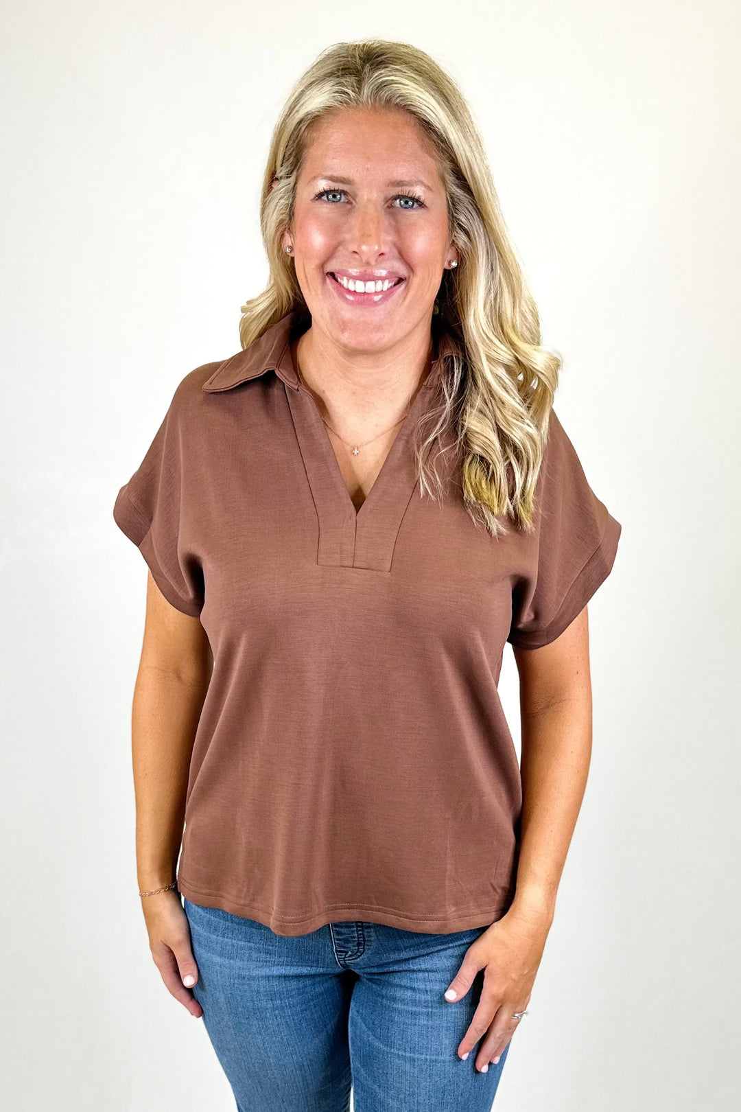 BROWN VNECK COLLAR ANGLED SLEEVE TOP