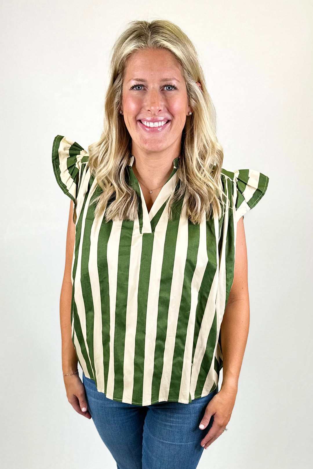 OLIVE STRIPE VNECK FLUTTER SLEEVE TOP