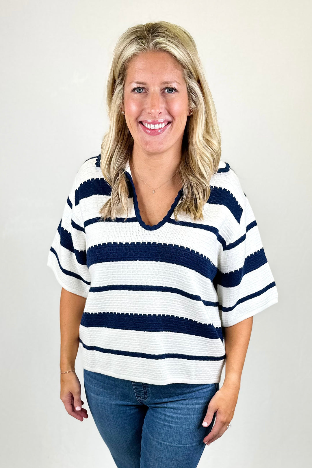 NAVY & WHITE STRIPE WOVEN COLLAR TOP