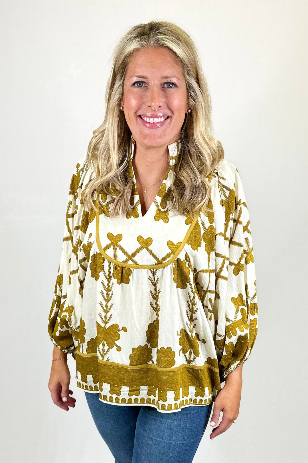 MUSTARD & CREAM BALLOON SLEEVE TOP
