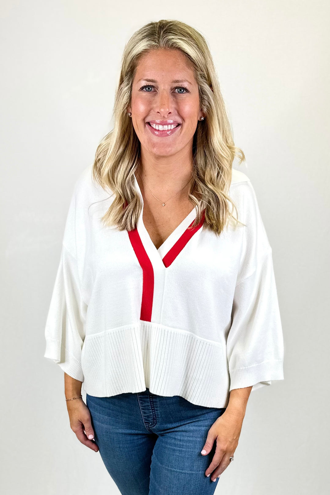 IVORY VNECK COLLAR STRIPE TRIM SWEATER